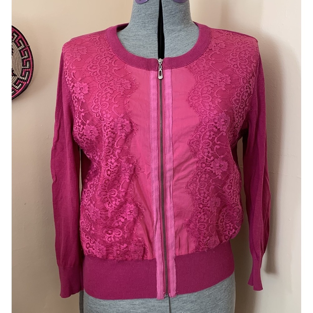 XOXO Womens Cardigan Sweater Pink Lace Front Full Zip Long Sleeve Knit Top sz M
